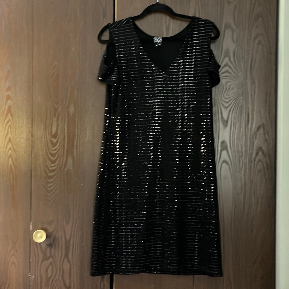 Clara Sun Woo black cocktail sparkly, bare shoulder dress. Size Small